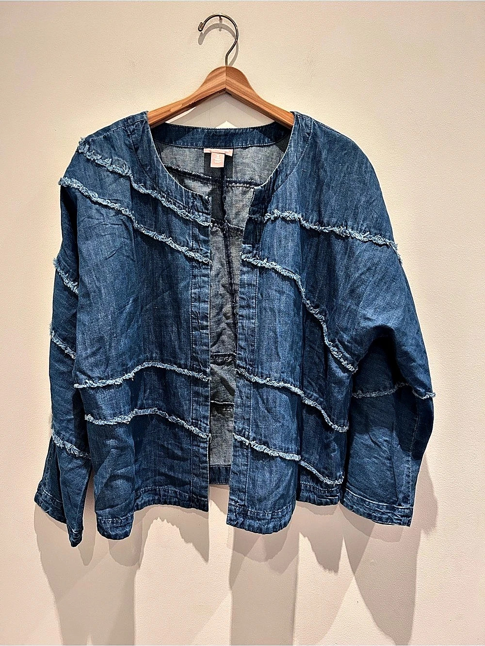 Chico's Blue Denim Ruffle Trim Jacket Size 3